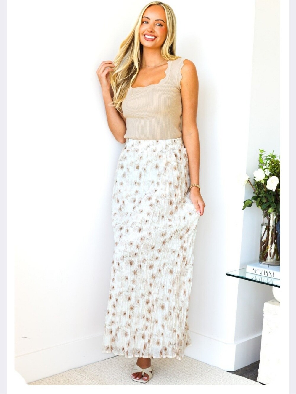 NWT Mikarose Textured Crinkle Floral Maxi Skirt with Pockets Cream/Faded Cocoa S